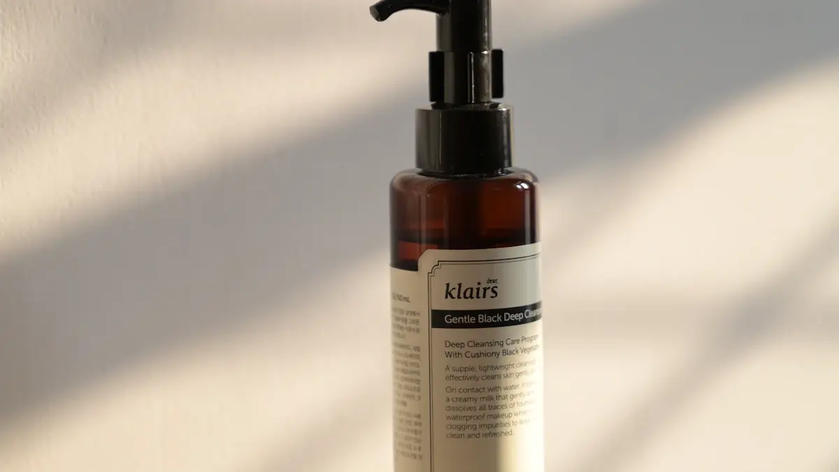 A skincare pump bottle in warm light with a clearly visible label.