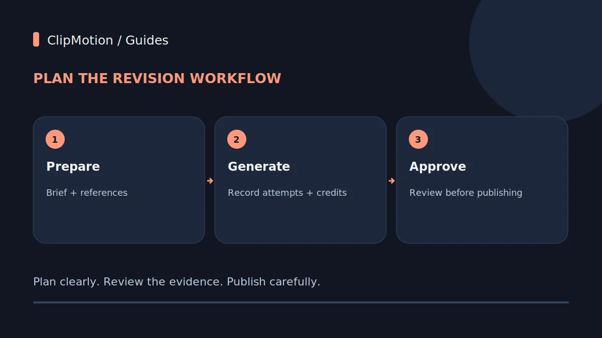 Plan the revision workflow: Prepare: Brief + references; Generate: Record attempts + credits; Approve: Review before publishing.