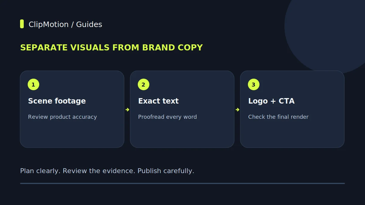 Separate visuals from brand copy: Scene footage: Review product accuracy; Exact text: Proofread every word; Logo + CTA: Check the final render.