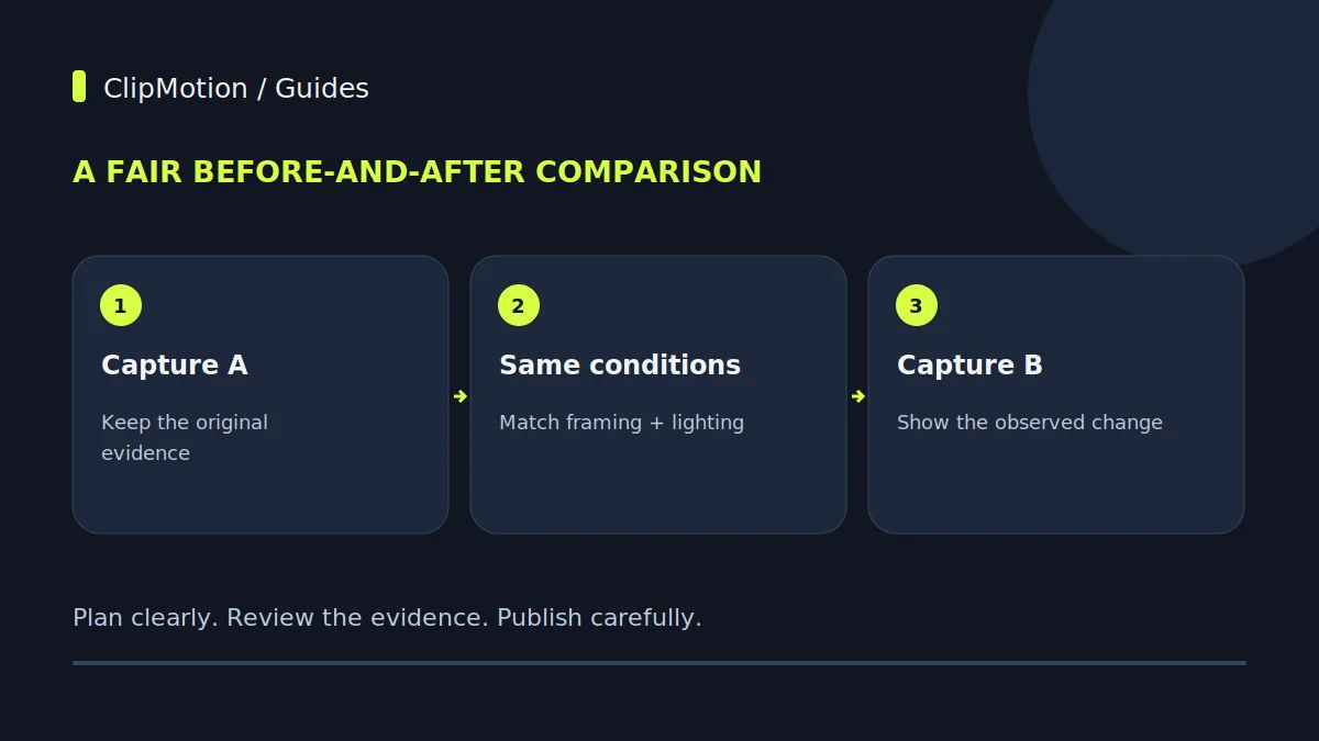 A fair before-and-after comparison: Capture A: Keep the original evidence; Same conditions: Match framing + lighting; Capture B: Show the observed change.