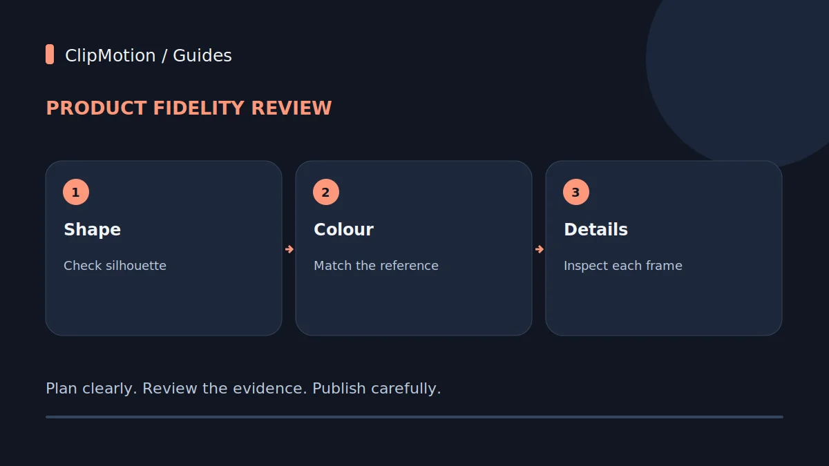 Product fidelity review: Shape: Check silhouette; Colour: Match the reference; Details: Inspect each frame.