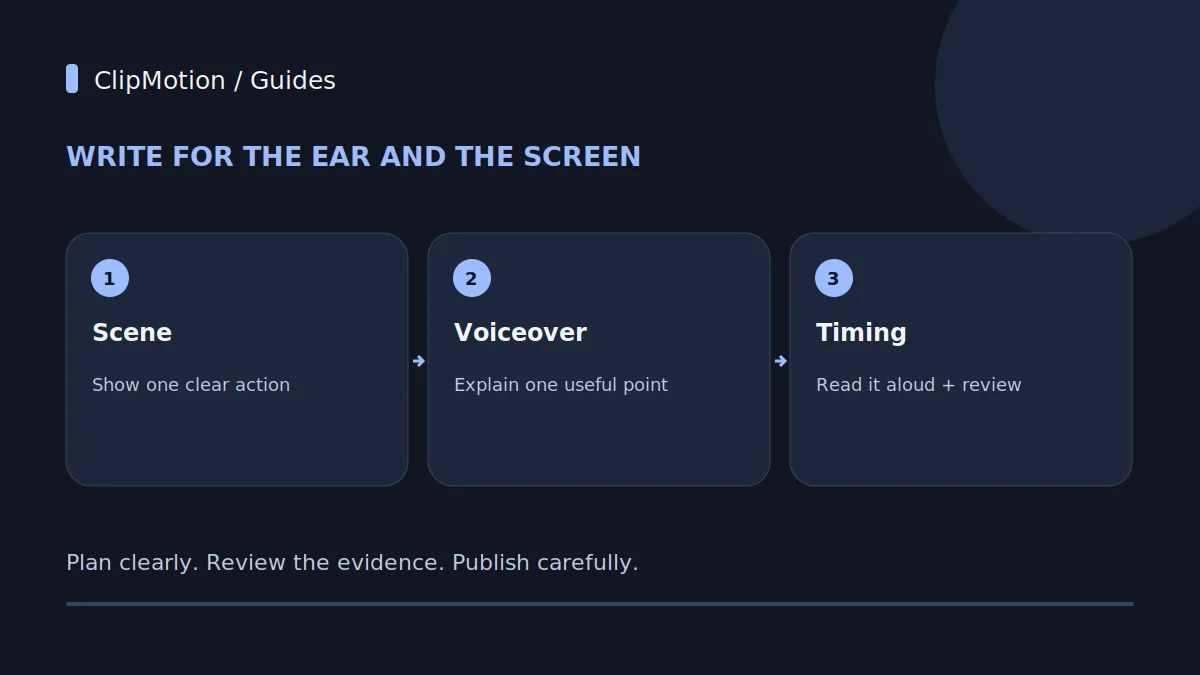 Write for the ear and the screen: Scene: Show one clear action; Voiceover: Explain one useful point; Timing: Read it aloud + review.