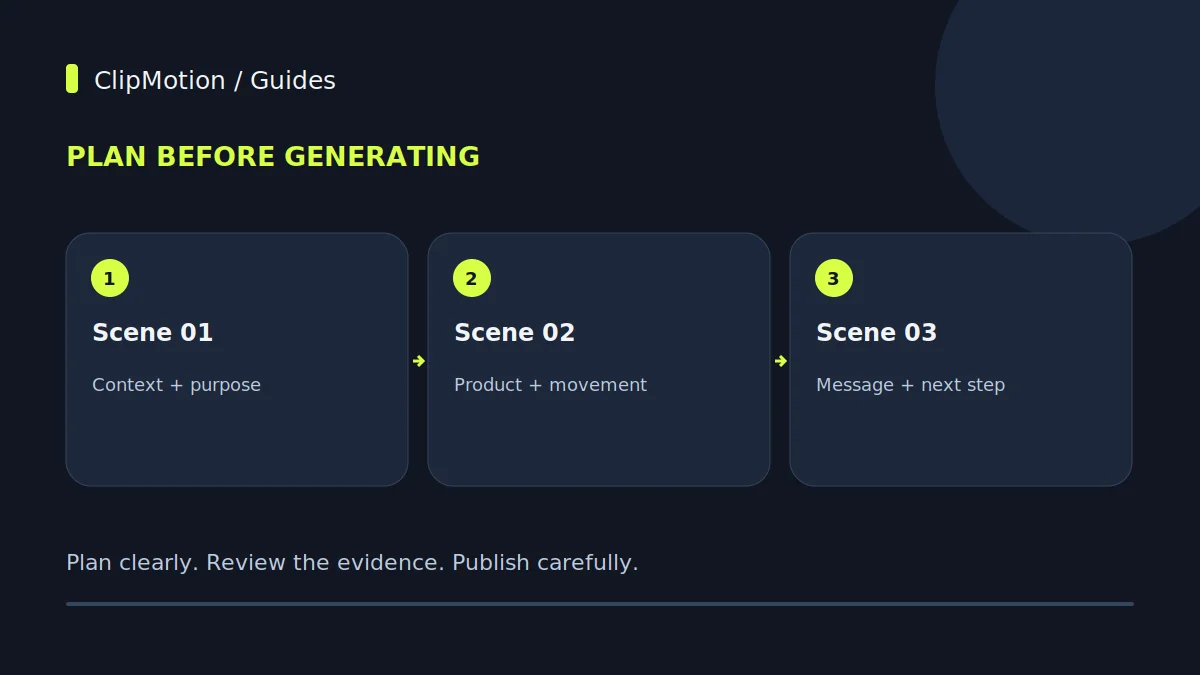 Plan before generating: Scene 01: Context + purpose; Scene 02: Product + movement; Scene 03: Message + next step.